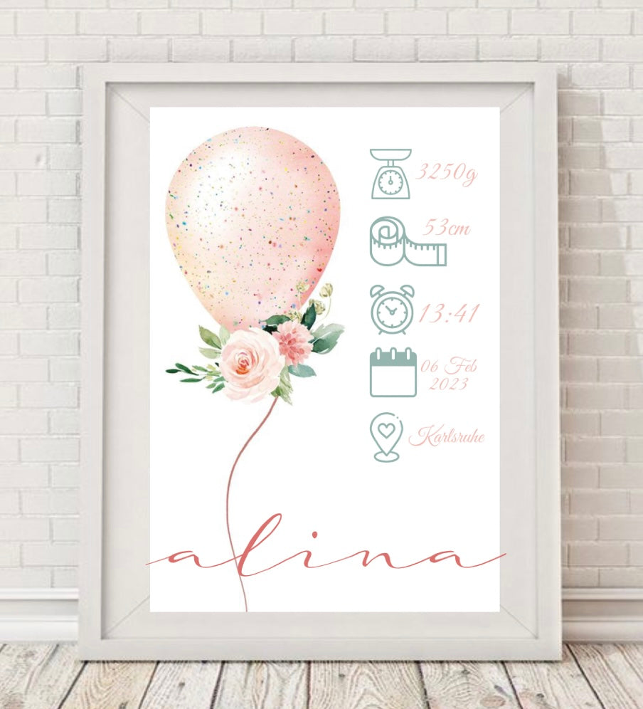 Meilenstein Geburtstafel Poster DIN A4 Ballon Blumen personalisiert