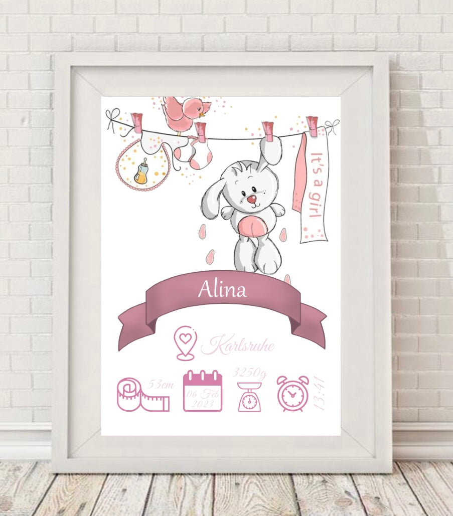 Meilenstein Geburtstafel Poster DIN A4 Hase rosa personalisiert