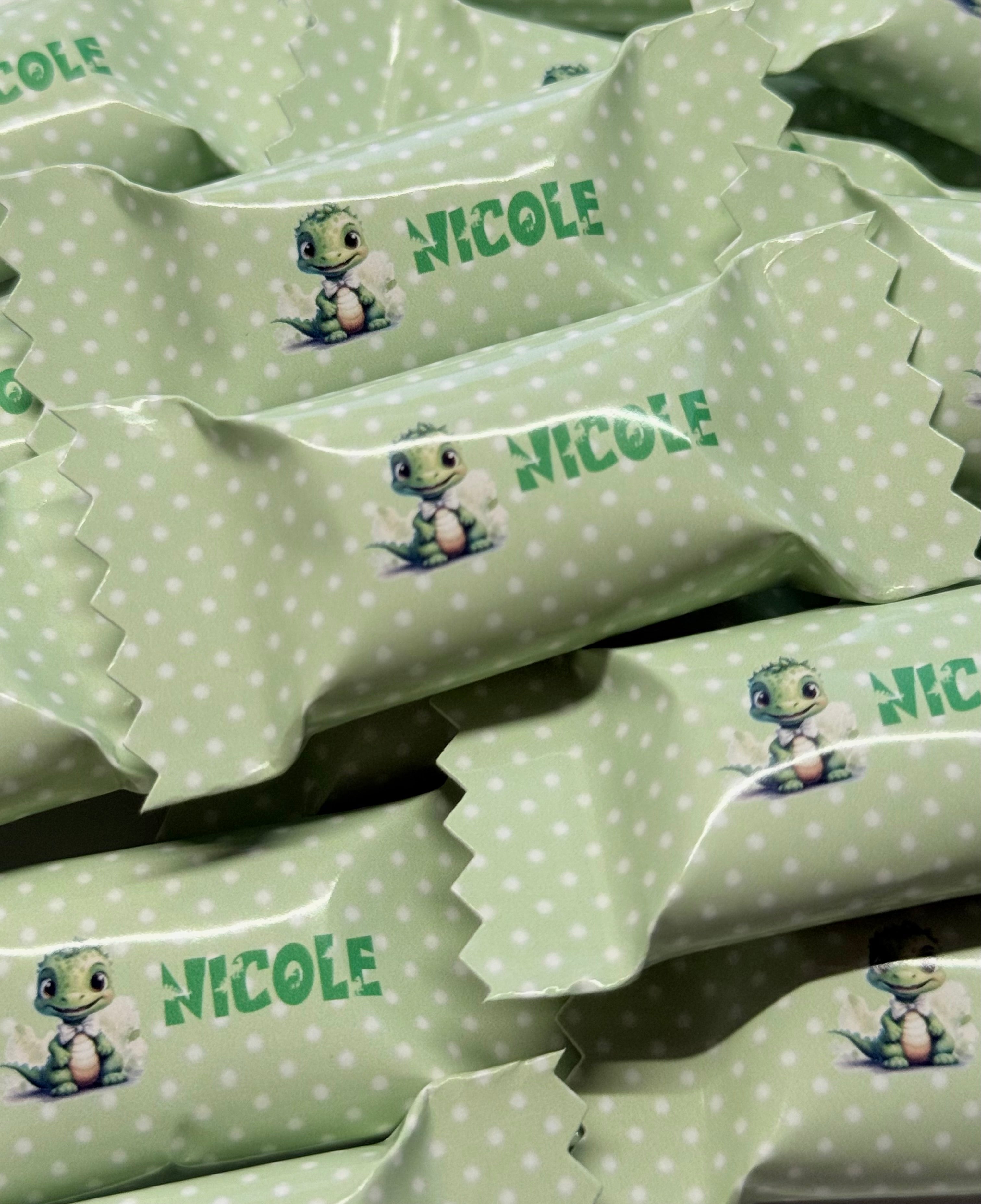 Bonbons personalisiert Gastgeschenk Mitgebsel Streudeko Tischdeko Kindergeburtstag Dino Dinosaurier grün