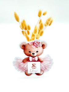 Schokokarte Gastgeschenk Babyparty Geburt Kindergeburtstag Welcome Baby Teddy mit Tütü und Schleife rosa