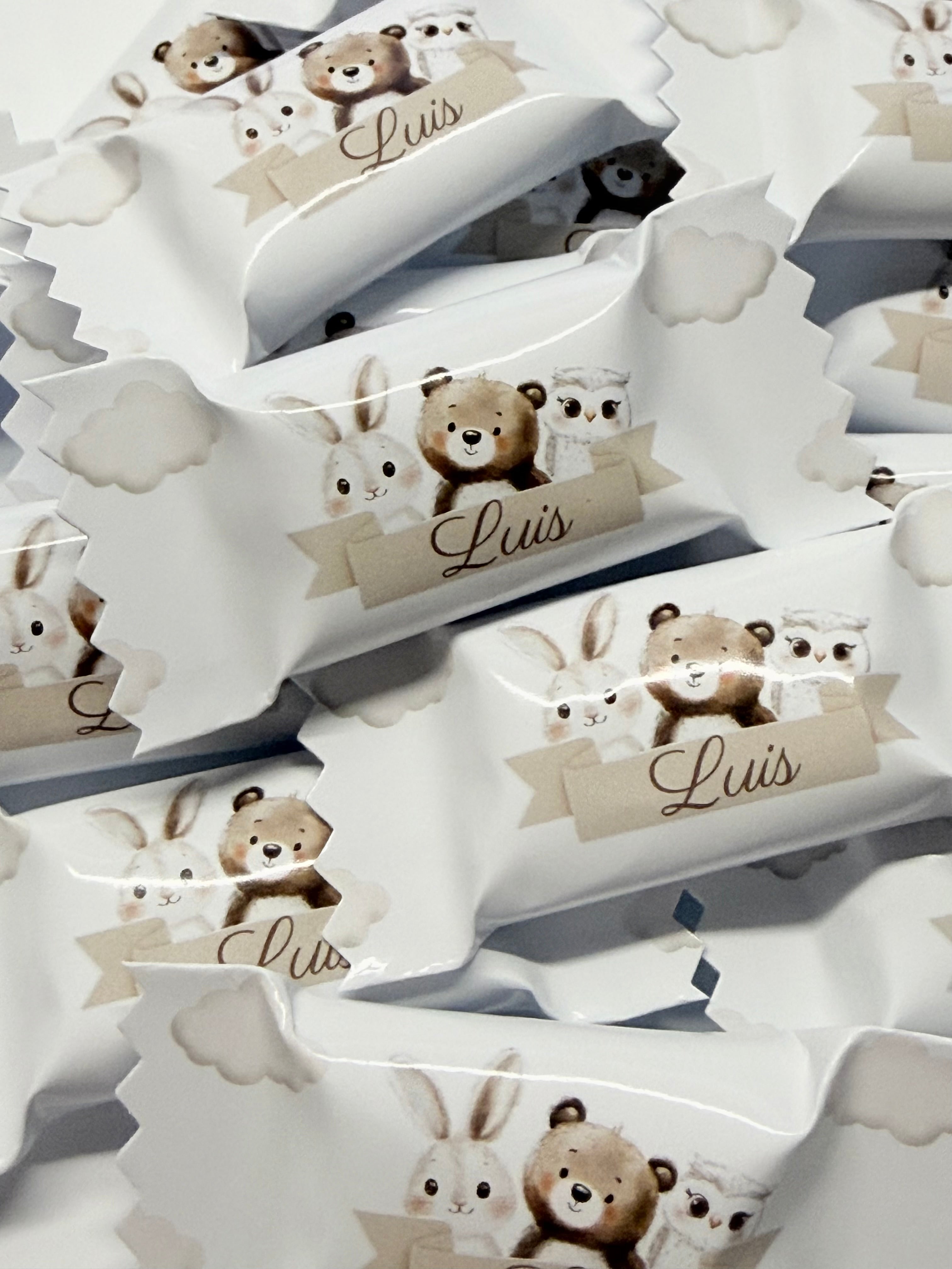 Bonbons personalisiert Streudeko Tischdeko Waldtiere Hase Bär Eule Kindergeburtstag Babyparty