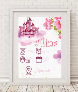 Meilenstein Poster DIN A4 Schloss rosa personalisiert