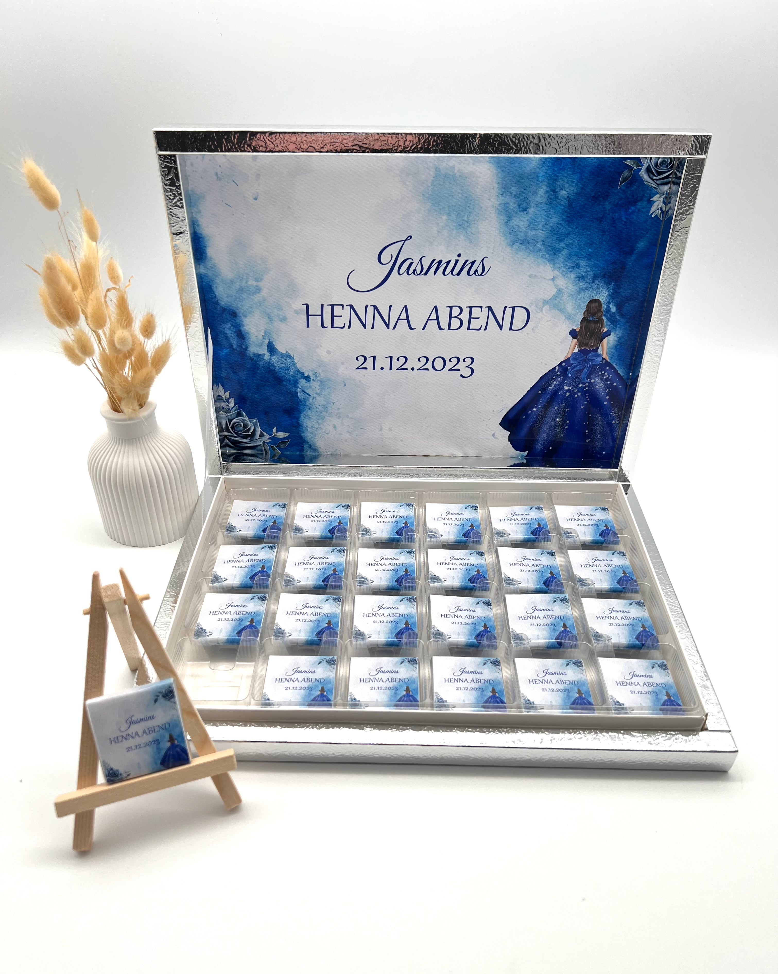 Schokobox Hennaabend Kina Gesici Braut blau Gastgeschenk personalisiert Schokolade