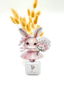 Schokokarte Gastgeschenk Babyparty Geburt Kindergeburtstag mädchen Hase mit Blumen rosa