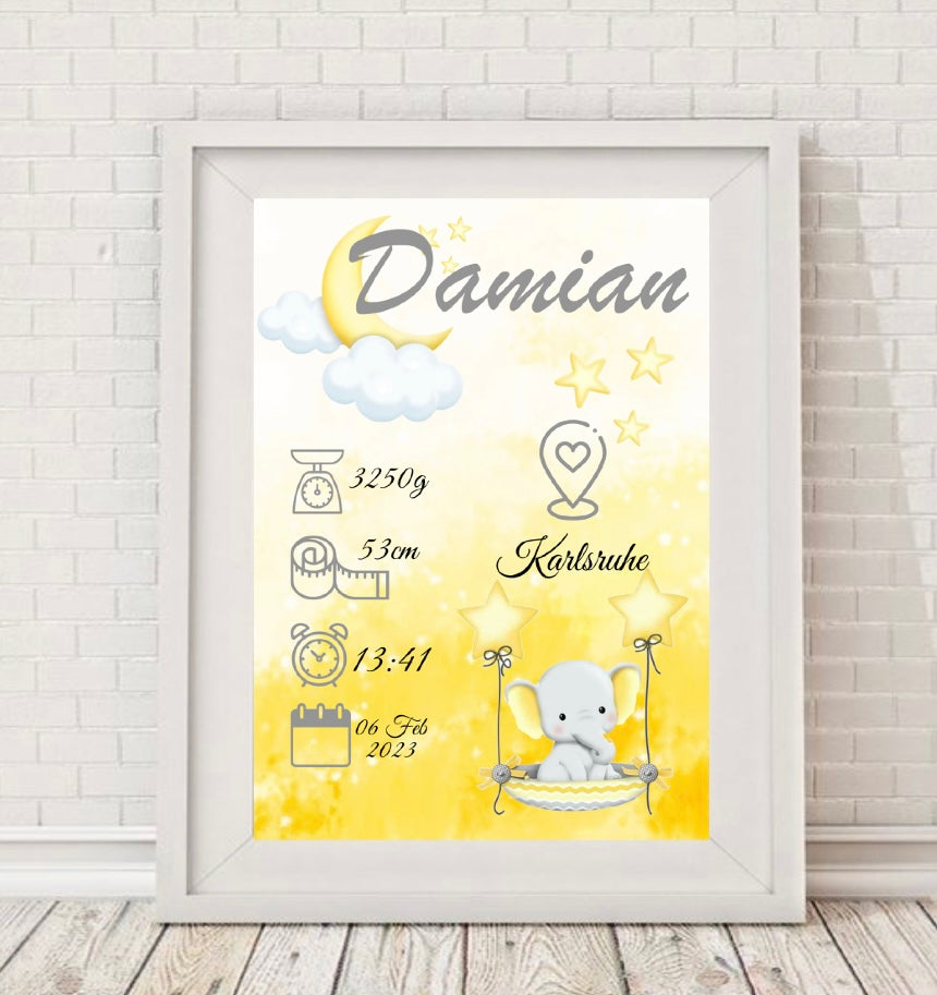 Meilenstein Geburtstafel Poster DIN A4 Elefant gelb personalisiert