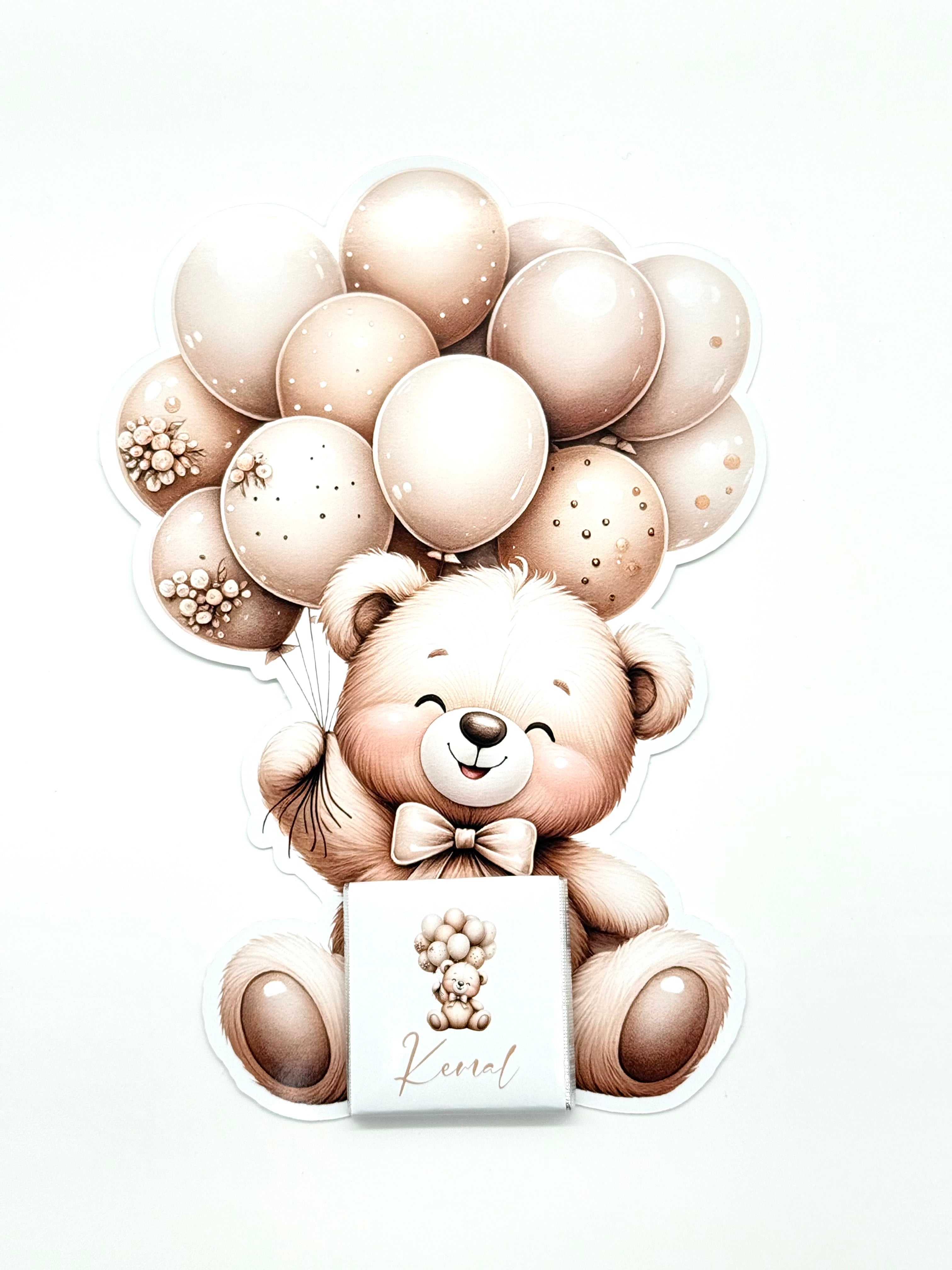 Schokokarte Gastgeschenk Babyparty Geburt Kindergeburtstag Teddy mit Ballons beige braun