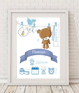 Meilenstein Geburtstafel Poster DIN A4 Teddy blau personalisiert
