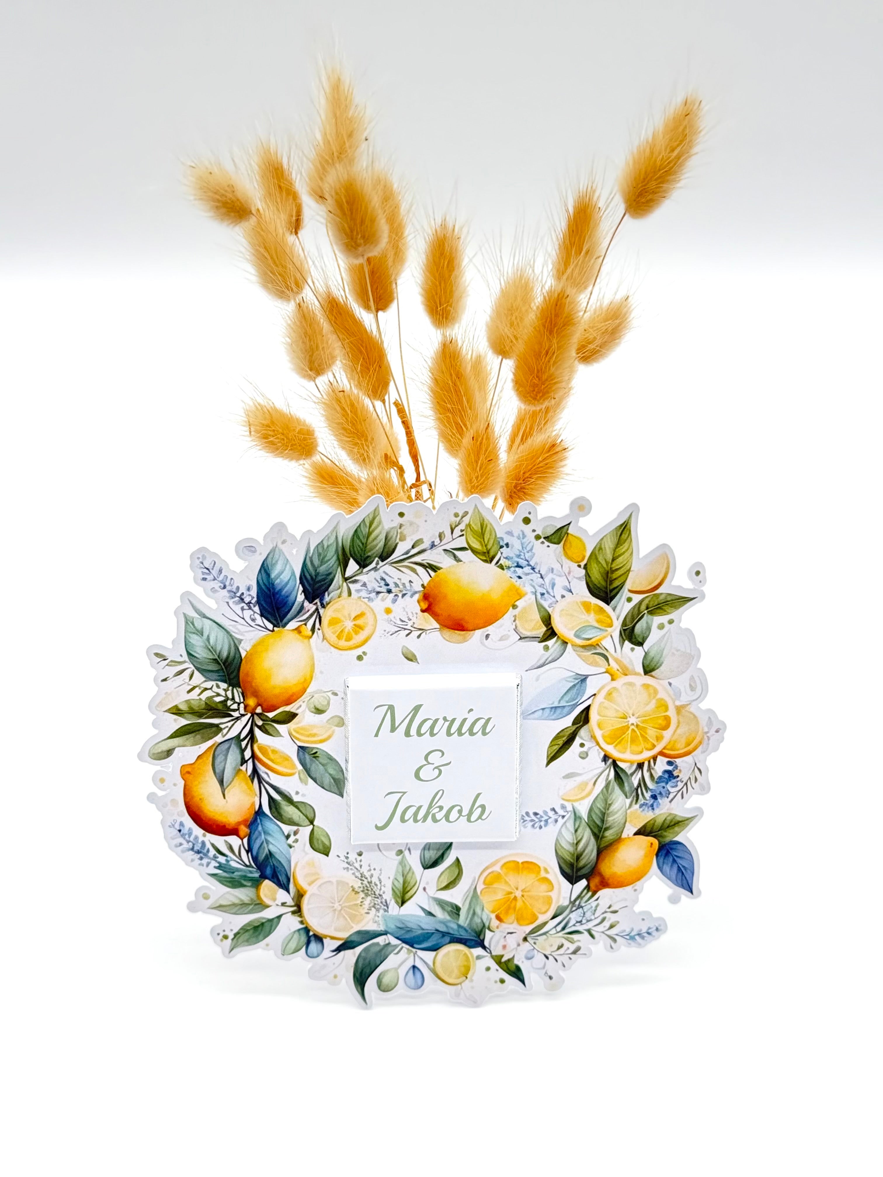 Schokokarte Gastgeschenk Hochzeit Standesamt Verlobung Zitronen Rahmen Deko Amalfi