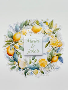 Schokokarte Gastgeschenk Hochzeit Standesamt Verlobung Zitronen Rahmen Deko Amalfi