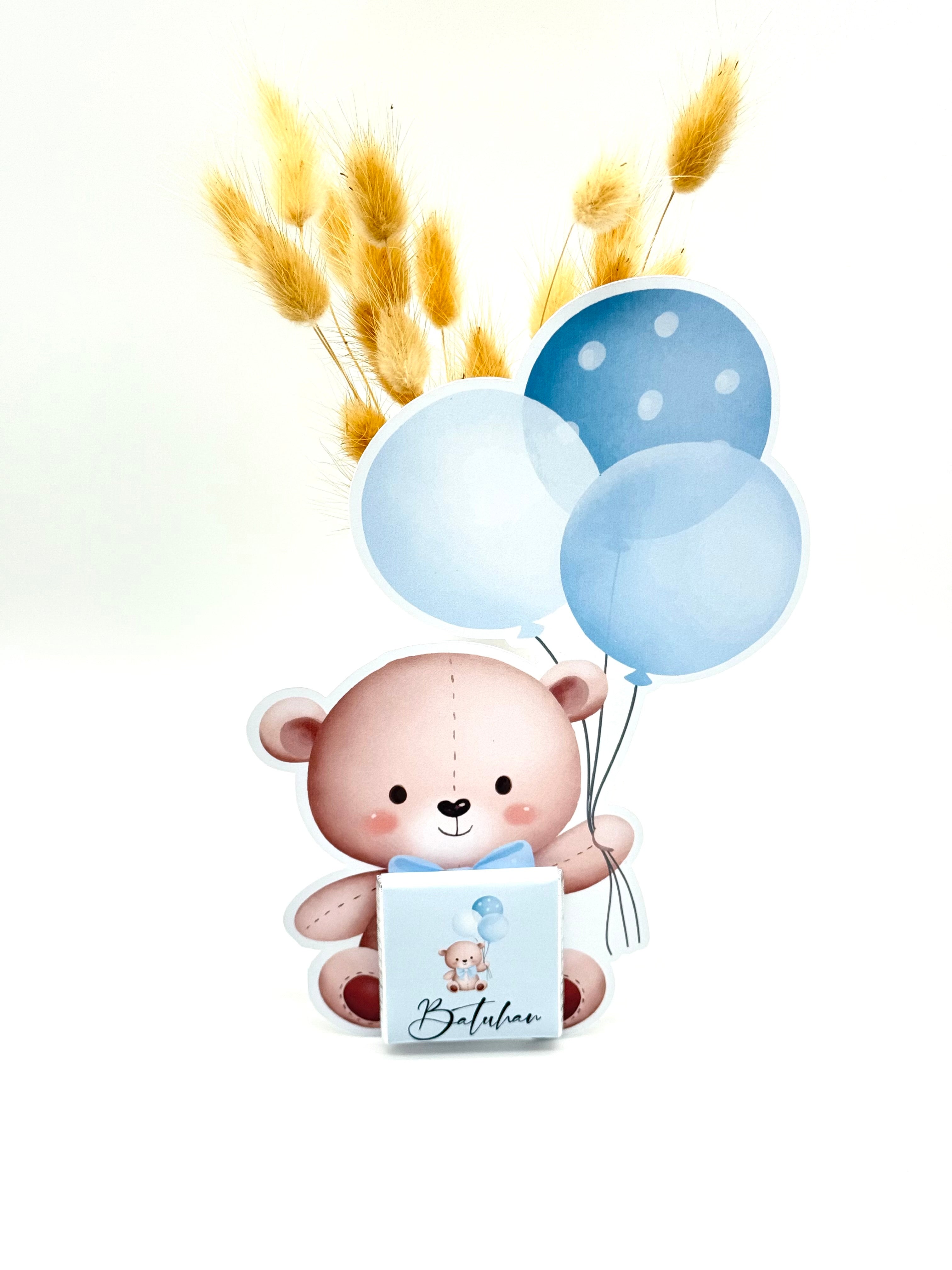 Schokokarte Gastgeschenk Babyparty Geburt Kindergeburtstag Welcome Baby Teddy mit Ballon blau