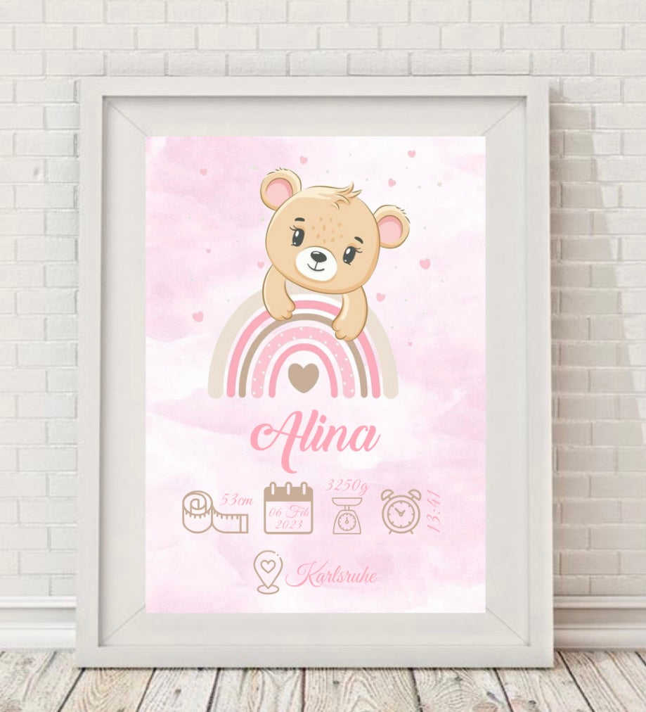 Meilenstein Poster DIN A4 Teddy Regenbogen rosa personalisiert