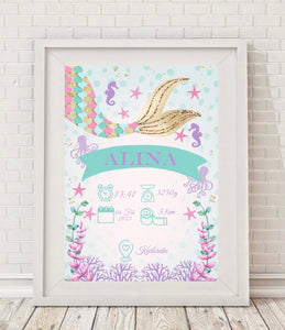 Meilenstein Geburtstafel Poster DIN A4 Meerjungfrauflosse personalisiert