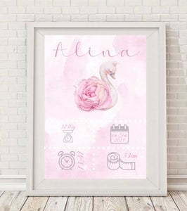 Meilenstein Poster DIN A4 Schwan rosa personalisiert