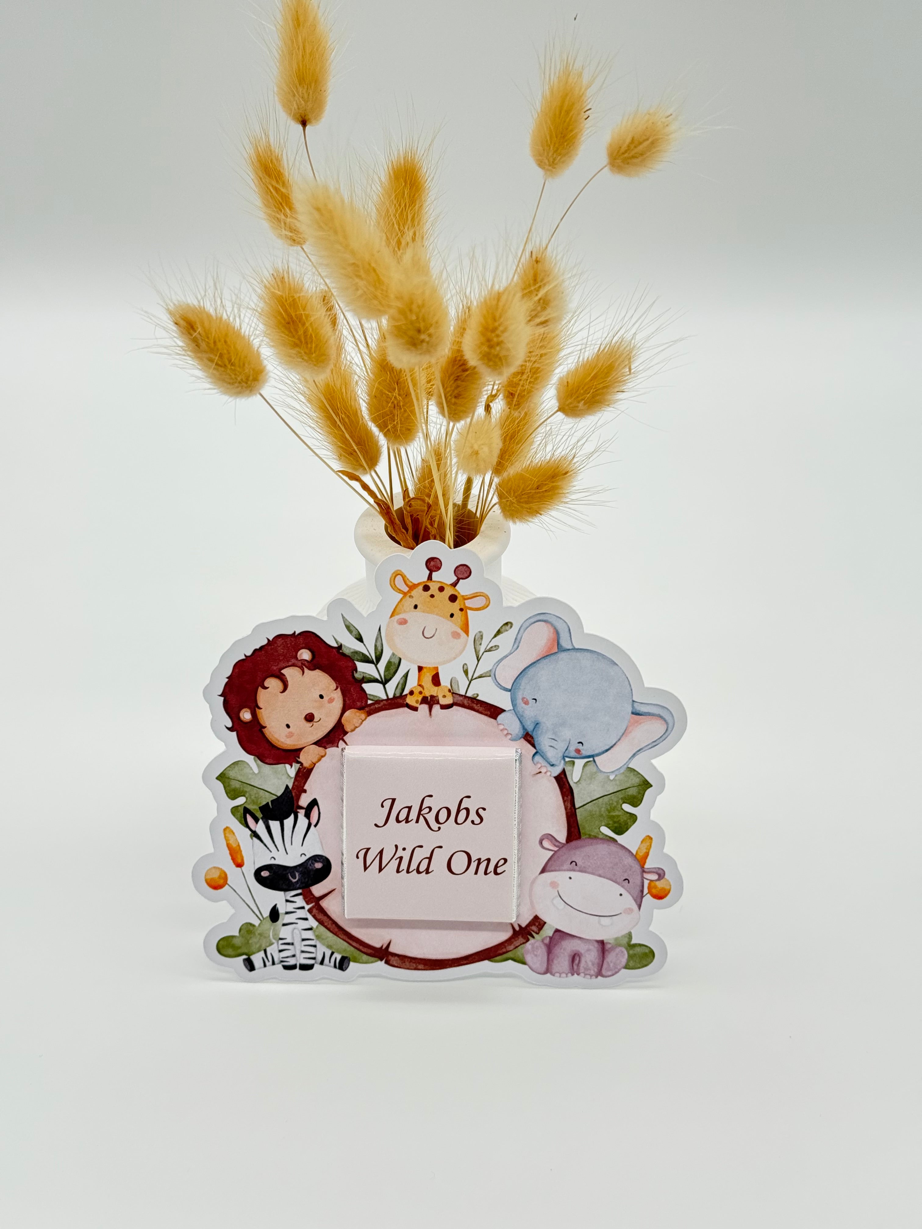 Schokokarte Gastgeschenk Babyparty Geburt Kindergeburtstag Wild One Safari Dschungel