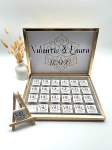 Schokobox personalisiert in Gold, Silber, Schwarz oder Hellblau für Hochzeiten,Verlobungen  Gastgeschenke Pralinenschatel  Schokolade