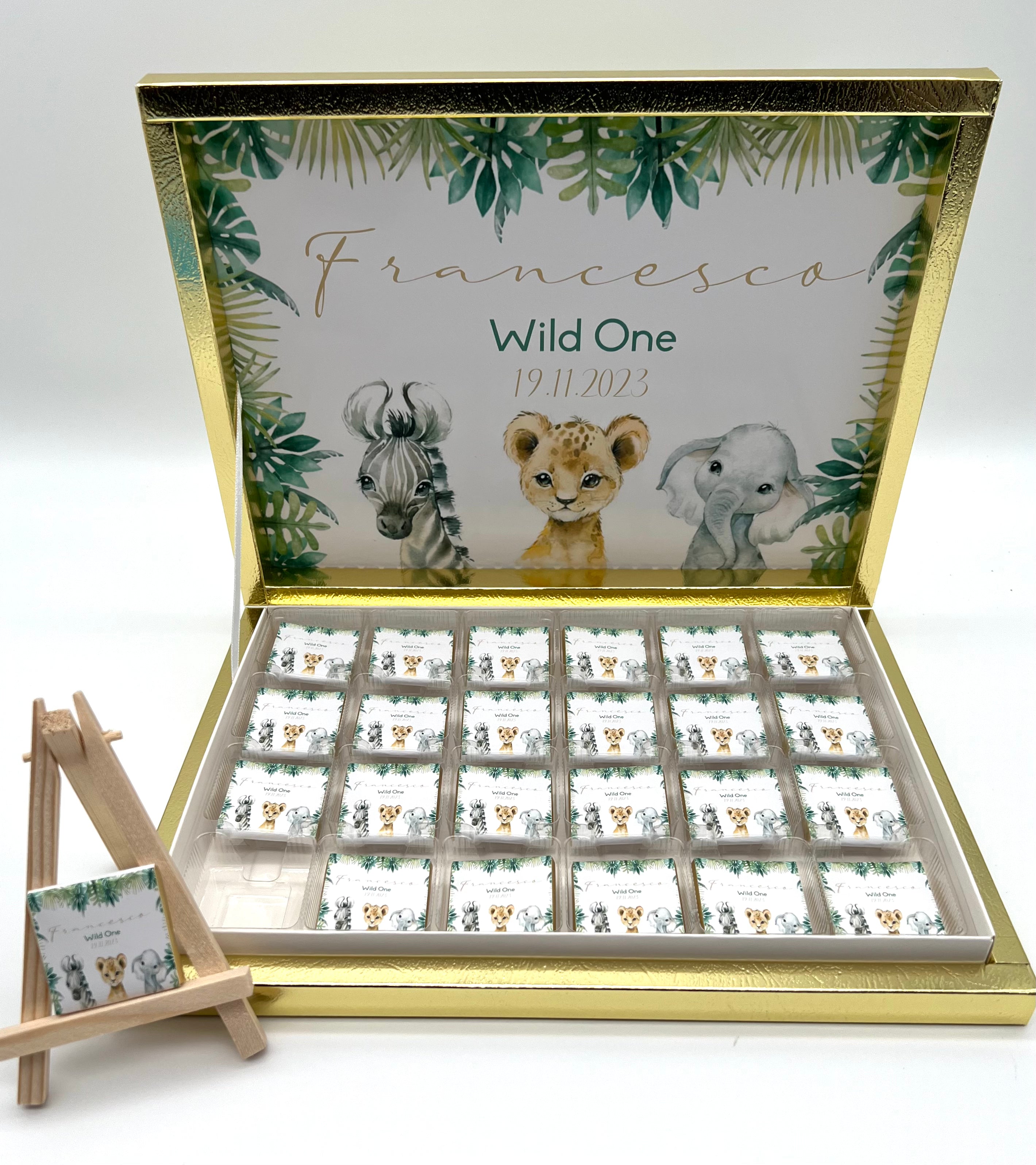 Safari Jungle Wild one Aquarell Schokobox personalisiert Gold  Gastgeschenk Kindergeburtstag Taufe Hochzeit Candybar