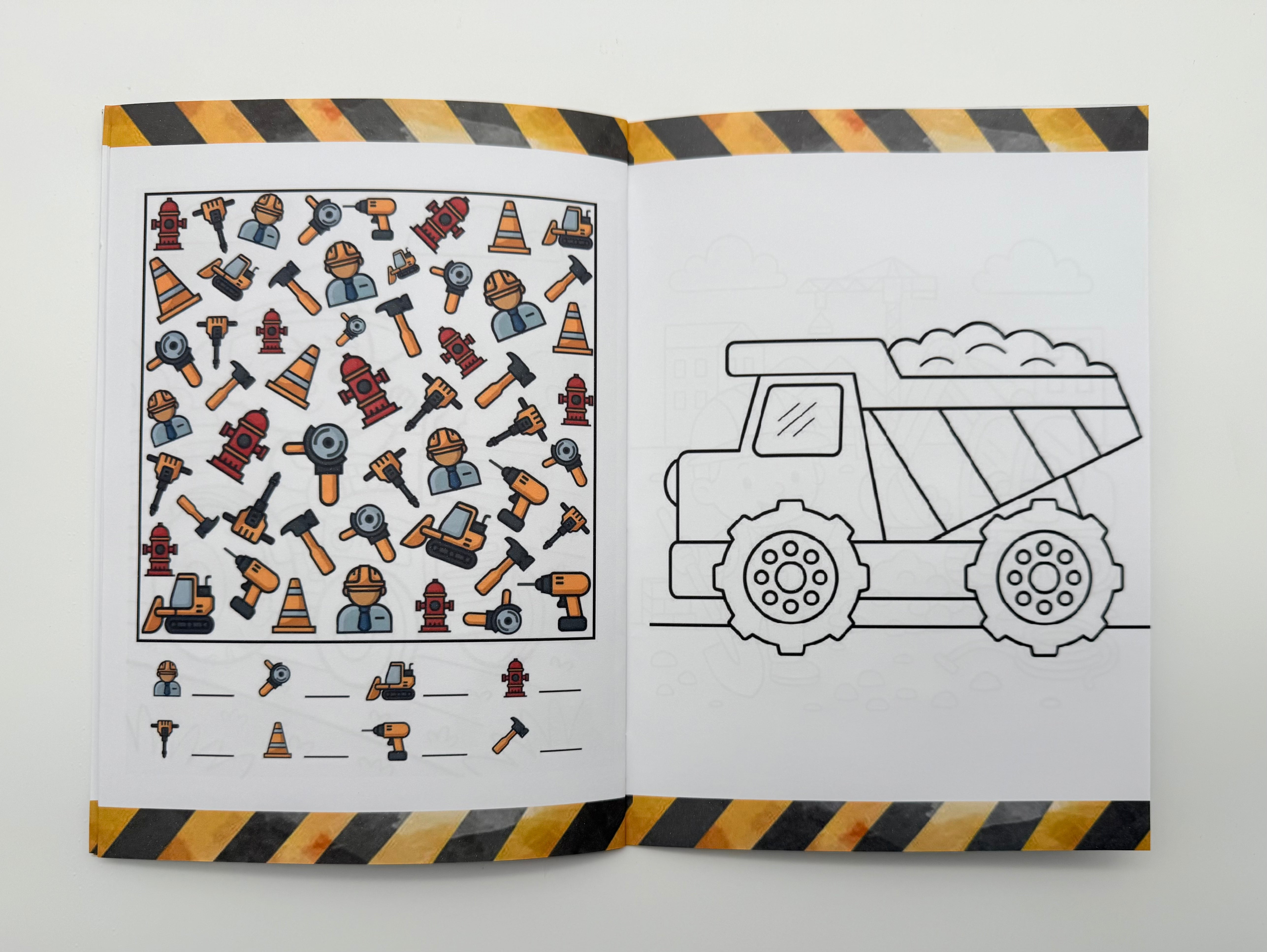 Ausmal und Rätselheft Baustelle Bagger Kipplaster personalisiert Kindergeburtstag Beschäftigung Mitgebsel Gastgeschenk