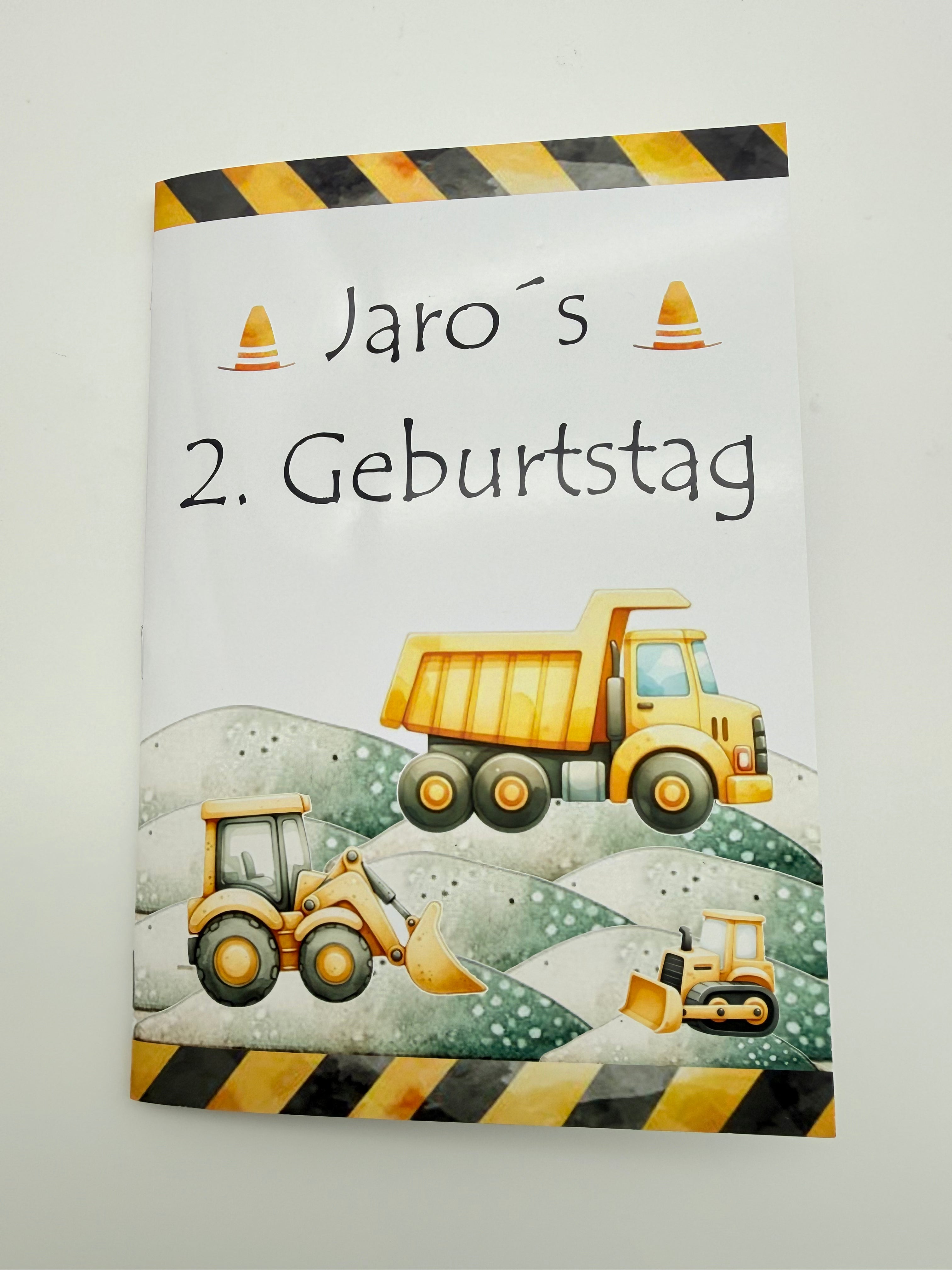 Ausmal und Rätselheft Baustelle Bagger Kipplaster personalisiert Kindergeburtstag Beschäftigung Mitgebsel Gastgeschenk