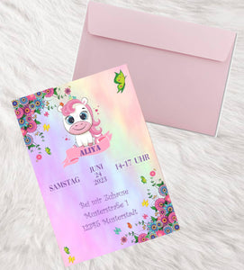 Einladungskarte Einhorn Blumen Regenbogen