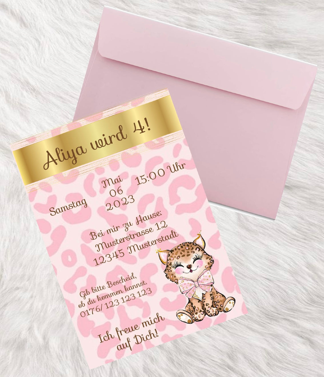 Einladungskarte Katze Kätzchen Leoprint rosa
