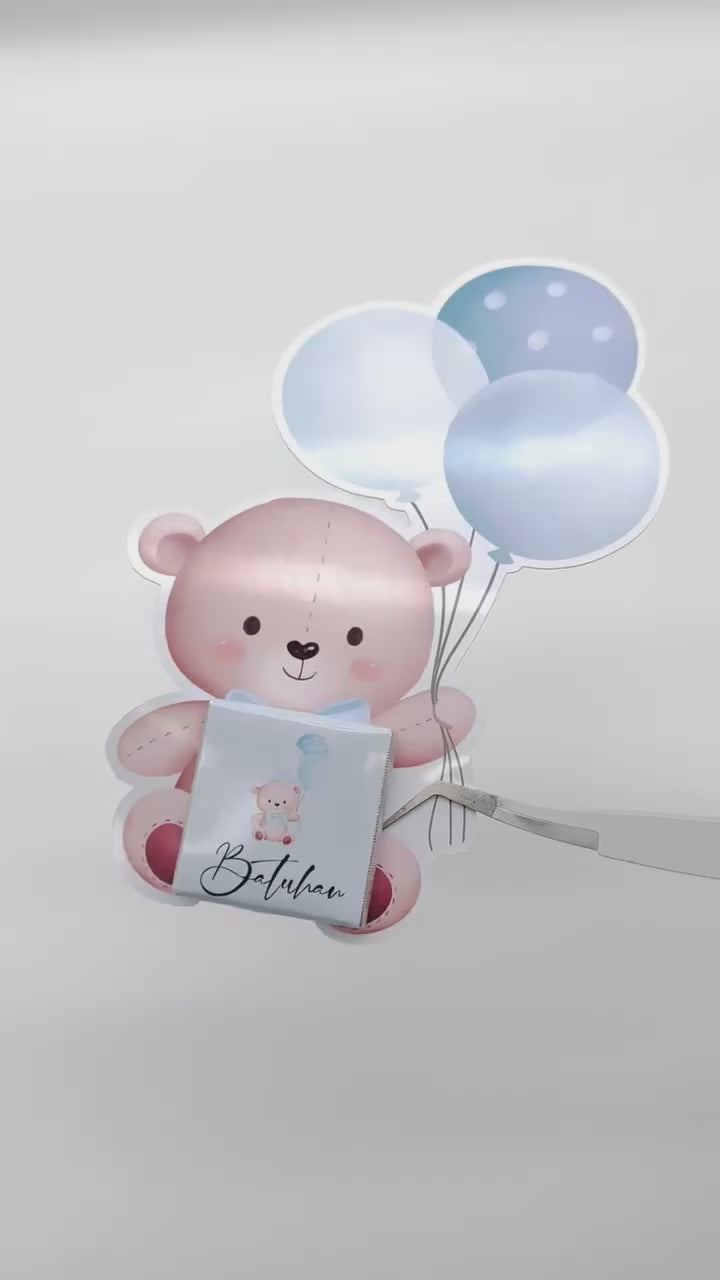 Schokokarte Gastgeschenk Babyparty Geburt Kindergeburtstag Welcome Baby Teddy mit Ballon blau