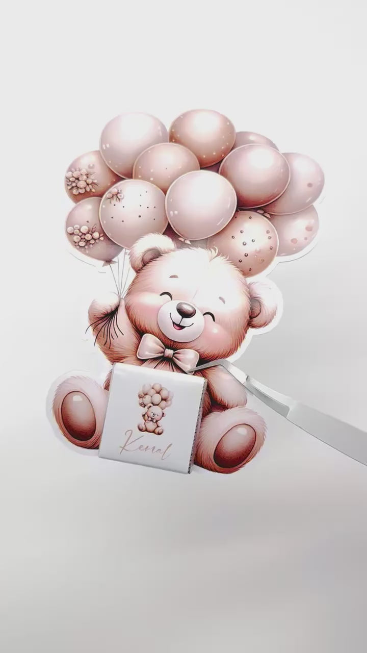 Schokokarte Gastgeschenk Babyparty Geburt Kindergeburtstag Teddy mit Ballons beige braun